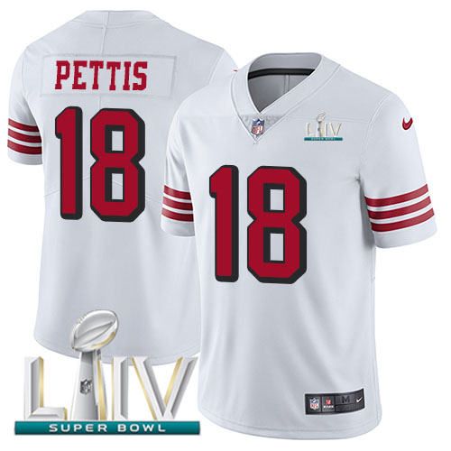 San Francisco 49ers Nike #18 Dante Pettis White Super Bowl LIV 2020 Rush Men Stitched NFL Vapor Untouchable Limited Jersey
